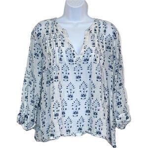Roller Rabbit Cotton White Blue Floral Loose Flowy Peasant Blouse Women’s Size S